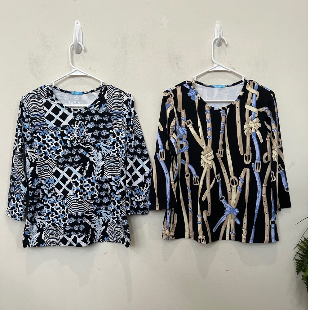 J MCLAUGHLIN 2pc Lot L Catalina Cloth Tops Blue Geo Black Gold Equestrian Chic